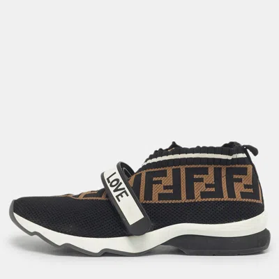 Pre-owned Fendi Black/brown Knit Fabric Ff Rockoko Slip On Sneakers Size 40