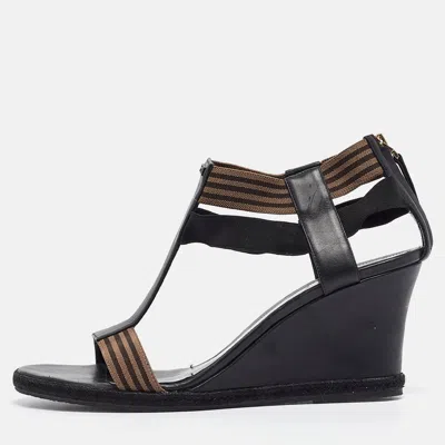 Pre-owned Fendi Black/brown Leather And Elastic T-strap Wedge Sandals Size 41