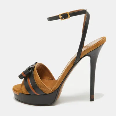 Pre-owned Fendi Black/brown Leather And Suede Bow Platform Ankle Strap Sandals Size 37