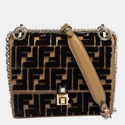 Pre-owned Fendi Black/brown Leather And Velvet Small Kan I Chain Shoulder Bag