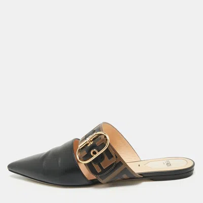 Pre-owned Fendi Black/brown Leather Ff Logo Buckle Mules Size 38