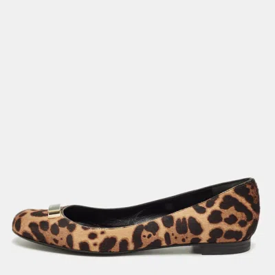 Pre-owned Fendi Black/brown Leopard Print Calf Hair Bow Ballet Flats Size 39