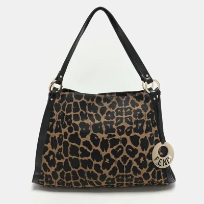 Pre-owned Fendi Black/brown Leopard Print Canvas And Leather Chef Tote