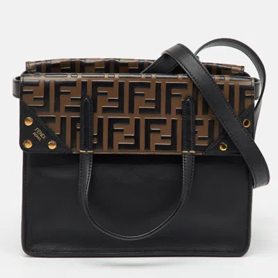 Pre-owned Fendi Black/brown Zucca Embossed Leather Grace Flip Convertible Tote
