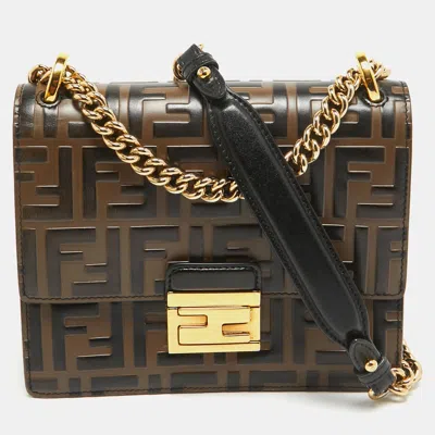 Pre-owned Fendi Black/brown Zucca Embossed Leather Small Kan U Shoulder Bag