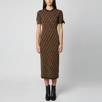 Pre-owned Fendi Black/brown Zucca Jacquard Knit Bodycon Midi Dress M