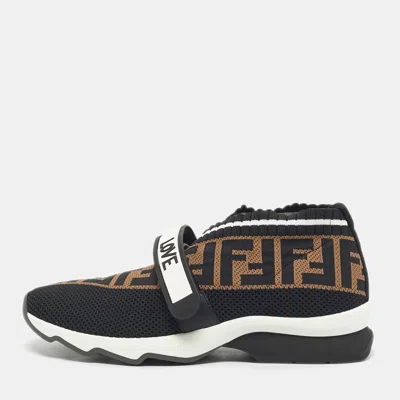 Pre-owned Fendi Black/brown Zucca Knit Fabric Rockoko Slip On Sneakers Size 37