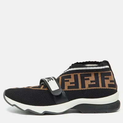 Pre-owned Fendi Black/brown Zucca Knit Fabric Rockoko Slip On Sneakers Size 38