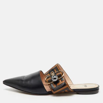 Pre-owned Fendi Black/brown Zucca Leather Pointed Toe Flat Mules Size 36