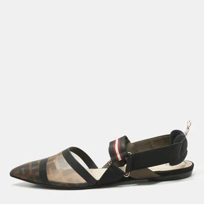 Pre-owned Fendi Black/brown Zucca Mesh And Canvas Colibri Slingback Flats Size 40