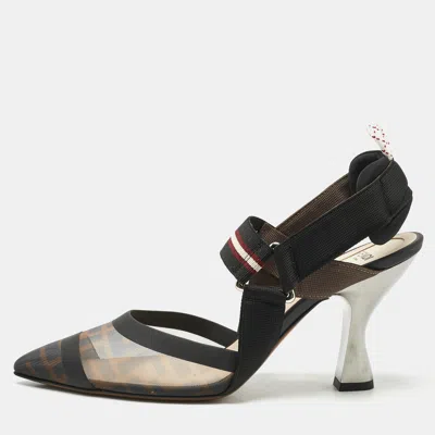 Pre-owned Fendi Black/brown Zucca Mesh And Canvas Colibri Slingback Pumps Size 38