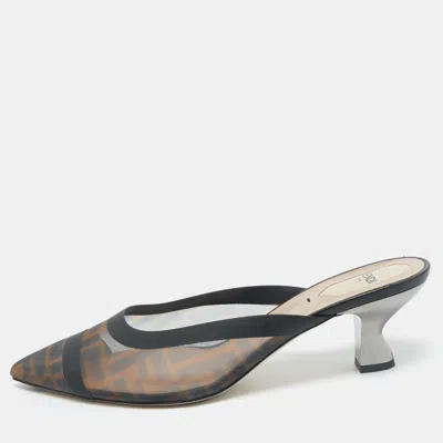 Pre-owned Fendi Black/brown Zucca Mesh Colibri Heel Mules Size 40
