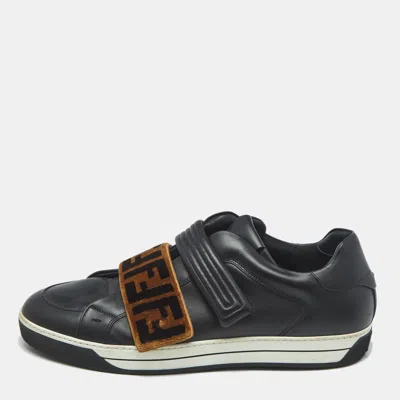 Pre-owned Fendi Black/brown Zucca Velvet And Leather Low Top Sneakers Size 45