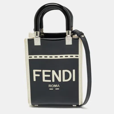 Pre-owned Fendi Black/cream Patent Leather And Canvas Mini Sunshine Tote