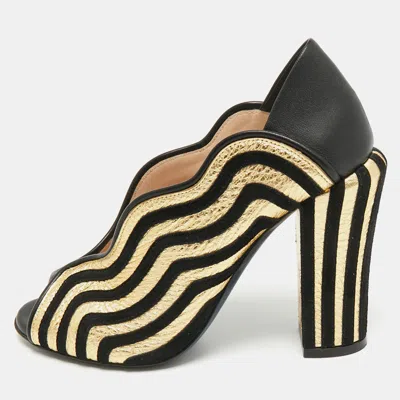 Pre-owned Fendi Black/gold Leather And Suede Block Heel Pumps Size 35.5