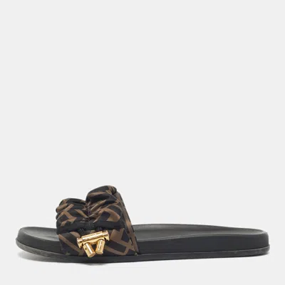 Pre-owned Fendi Black/green Satin Ff Logo Flat Slides Size 38.5