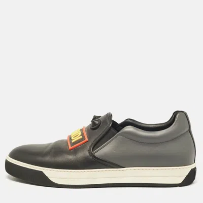 Pre-owned Fendi Black/grey Leather Vocabulary Face Leather Detail Slip On Sneakers Size 44