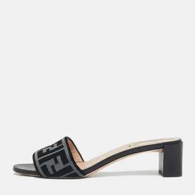 Pre-owned Fendi Black/grey Velvet Ff Slide Sandals Size 39