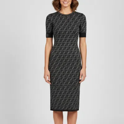 Pre-owned Fendi Black/grey Zucca Monogram Intarsia Knit Midi Dress S
