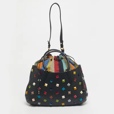 Pre-owned Fendi Black/multicolor Leather And Fabric Studded B. Fab Drawstring Tote