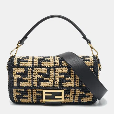 Pre-owned Fendi Black/natural Ff Raffia Medium Baguette Bag