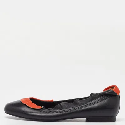 Pre-owned Fendi Black/orange Leather Ruffle Trim Ballet Flats Size 39