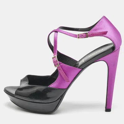 Pre-owned Fendi Black/pink Patent Leather And Satin Ankle Strap Sandals Size 38
