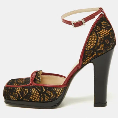 Pre-owned Fendi Black/red Lace And Patent Leather Crystal Embellished Block Heel Ankle Strap Pumps Size 37