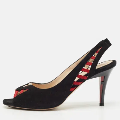 Pre-owned Fendi Black/red Suede And Grosgrain Slingback Sandals Size 36