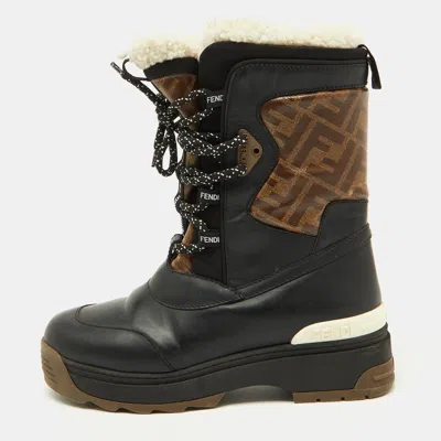 Pre-owned Fendi Black/tobacco Coated Canvas And Leather T-rex Snow Boots Size 37