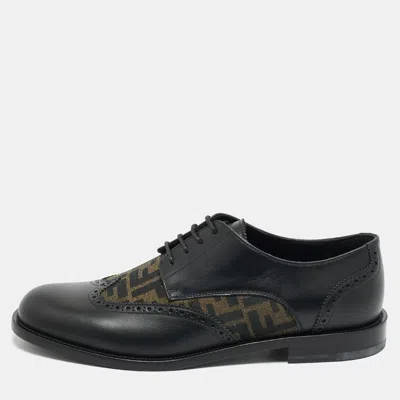 Pre-owned Fendi Black/tobacco Zucca Canvas And Leather Lace Up Derby Size 44