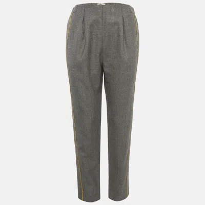 Pre-owned Fendi Black/white Herringbone Contrast Trim High Waist Trousers M