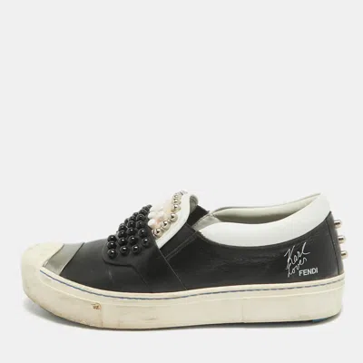 Pre-owned Fendi Black/white Leather Studded Karl Lover Slip On Sneakers Size 37