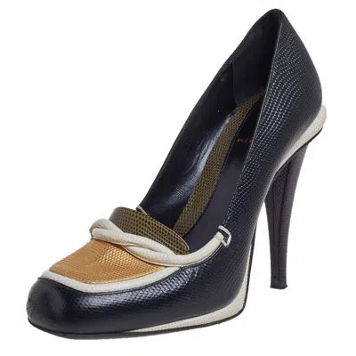 Pre-owned Fendi Black/white Lizard Embossed Leather Pumps Size 38