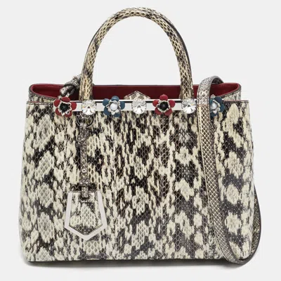 Pre-owned Fendi Black/white Snakeskin Leather Small Flowerland 2jours Tote