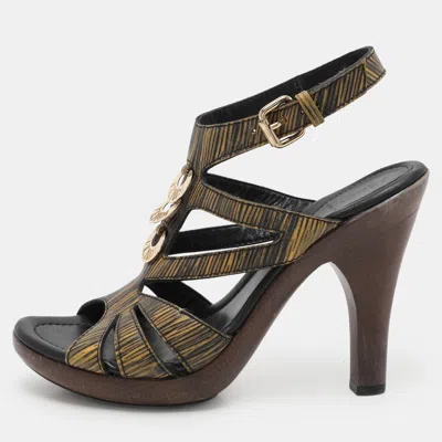 Pre-owned Fendi Black/yellow Leather Embellished Ankle Strap Sandals Size 39