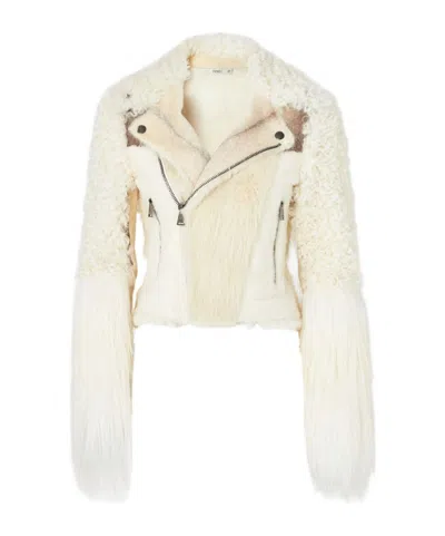 Fendi Blouson Ivory Patchwork Shearling Biker Jacket In Neutral
