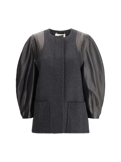 Fendi Blouson Jacket In Mélange Wool And Soft Nappa Leather In Blue