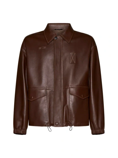 Fendi Blouson Long Sleeved Leather Jacket In Brown