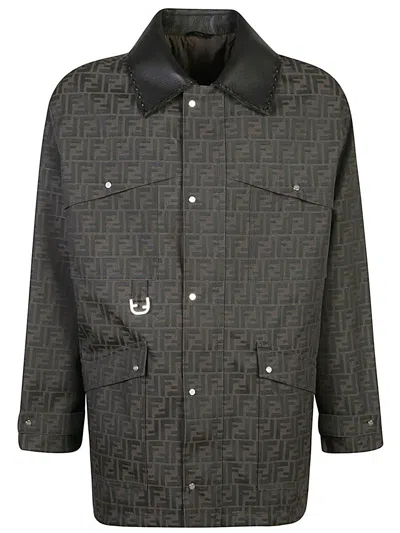 Fendi Blousonblouson In Brown Waxed Ff Jacquard In Green