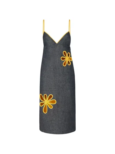 Fendi Blue And Yellow Double Denim Dress In Gray