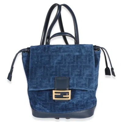 Pre-owned Fendi Blue Abyss Ff Flocked Denim Drawstring Backpack