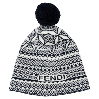 Pre-owned Fendi Blue & White Wool Blend Heritage Pompom Beanie Knit Hat One Size