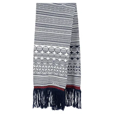 Pre-owned Fendi Blue & White Wool Heritage Fringe Muffler Knit Scarf