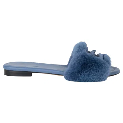 Pre-owned Fendi Blue Baguette Mink Fur Slide Sandals Shoes 39