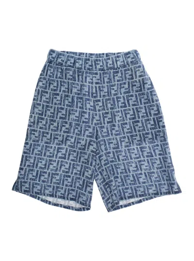 Fendi Kids' Blue Bermuda Pants With Elastic Waist And All-over Ff Logo Print In Linen Boy