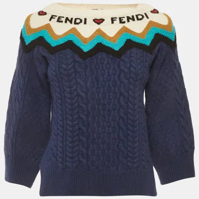Pre-owned Fendi Blue Cable Knit Intarsia Detail Sweater M