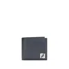 Fendi Men Compact Black Leather Bi-fold Wallet In Blue