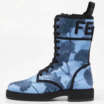 Pre-owned Fendi Blue Canvas Combat Boots Size 36.5