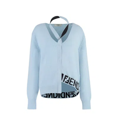 Fendi Cashmere Wool Blend Cardigan In Blue